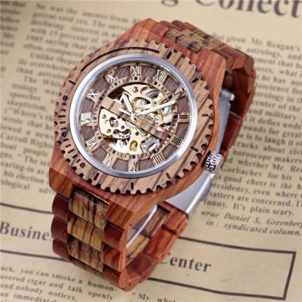 Men's Wooden Watch Skeleton Automatic Movement Wood Watch Self-Winding Watches